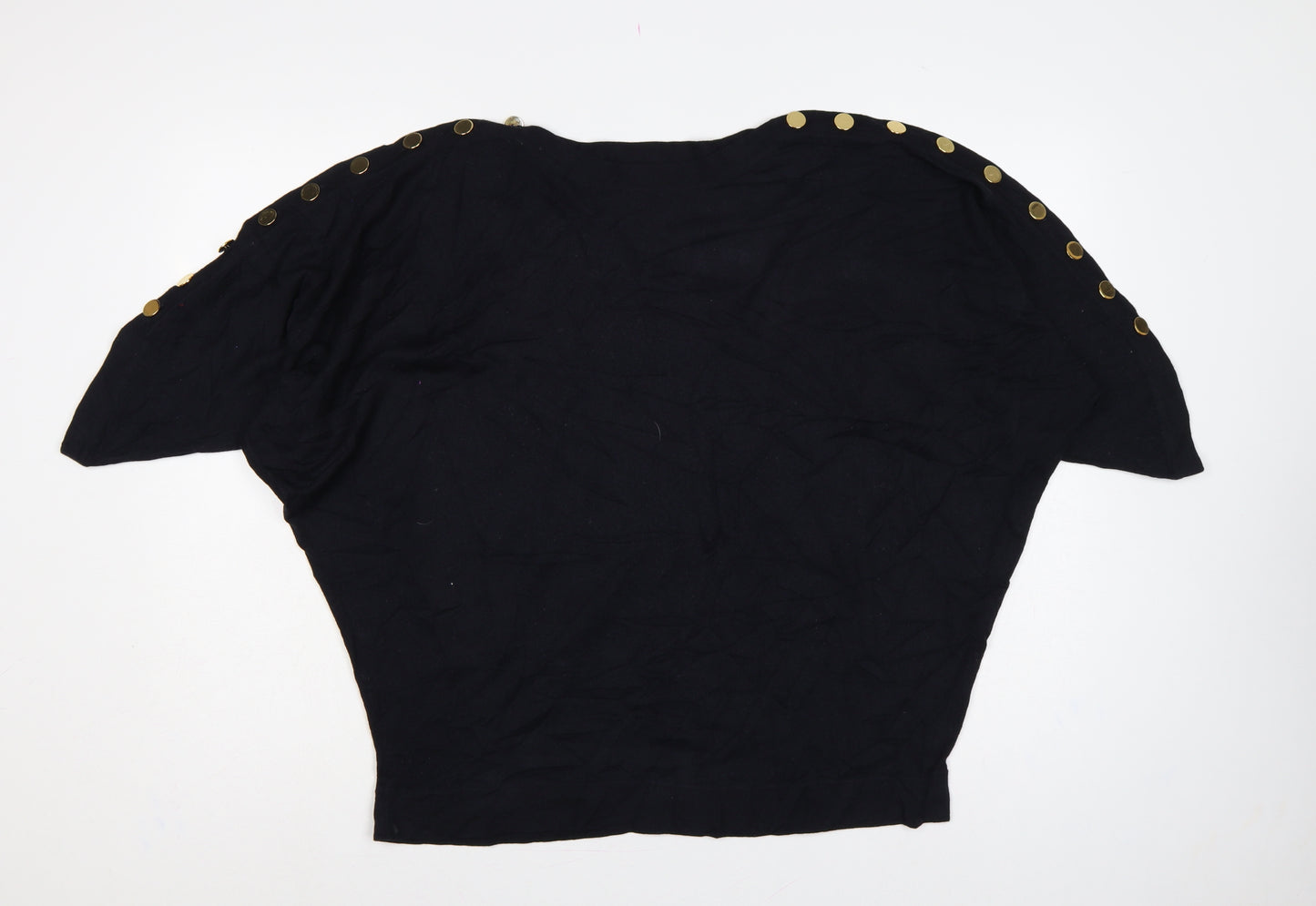 Jaeger Women’s Black XL Wool Batwing Pullover Gold Button Jumper