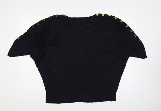 Jaeger Women’s Black XL Wool Batwing Pullover Gold Button Jumper
