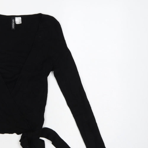 Divided H&M Women’s Black S Rib Knit V-Neck Wrap Jumper Tie Belt