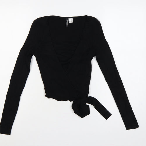 Divided H&M Women’s Black S Rib Knit V-Neck Wrap Jumper Tie Belt