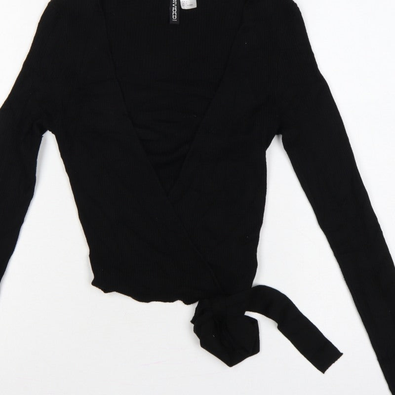 Divided H&M Women’s Black S Rib Knit V-Neck Wrap Jumper Tie Belt