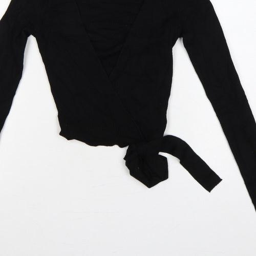 Divided H&M Women’s Black S Rib Knit V-Neck Wrap Jumper Tie Belt