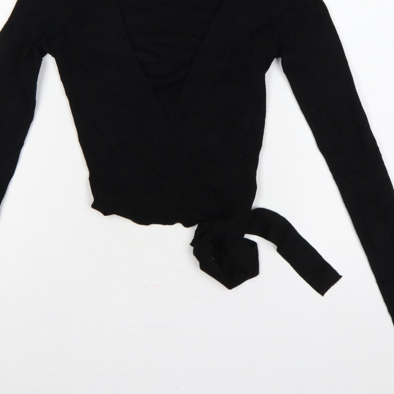 Divided H&M Women’s Black S Rib Knit V-Neck Wrap Jumper Tie Belt