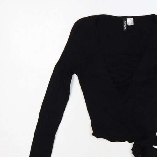 Divided H&M Women’s Black S Rib Knit V-Neck Wrap Jumper Tie Belt