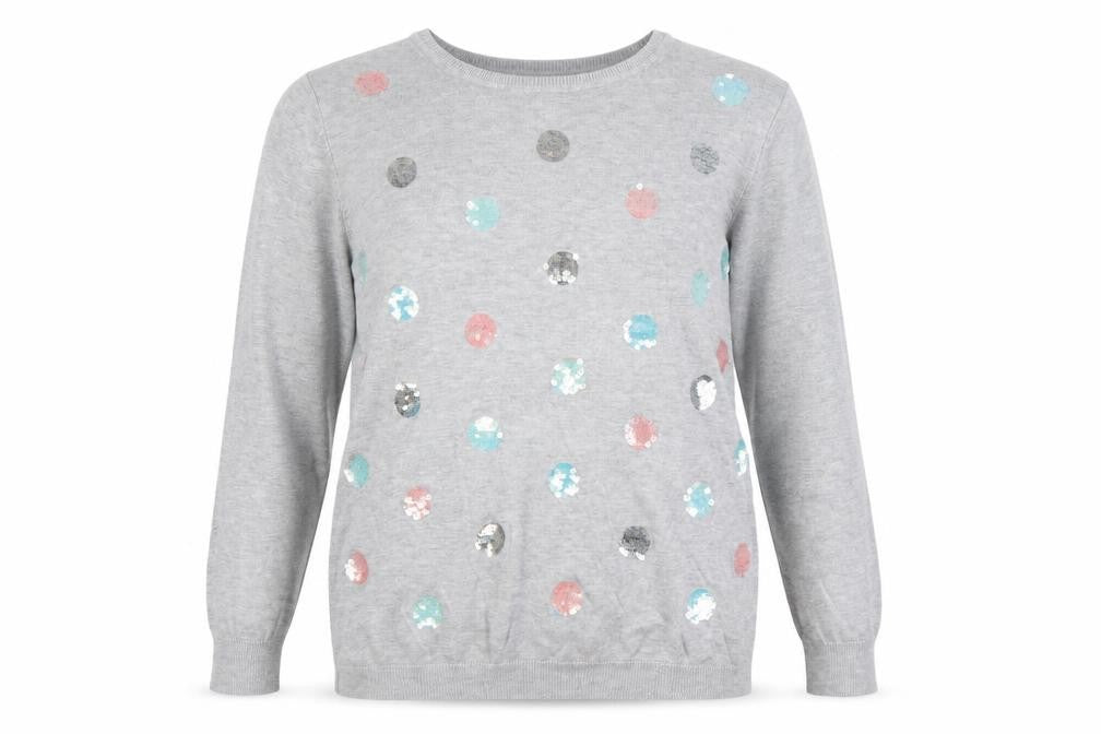 Front view of Bonmarché Women Grey, size 16, Sequin Polka Dot Knit Jumper