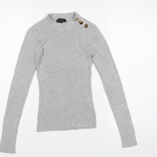 New Look Women Grey UK 8 Ribbed Mock Neck Button Slim Jumper
