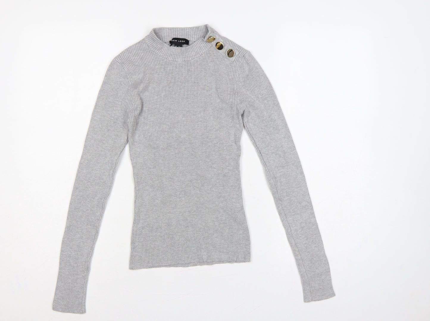 New Look Women Grey UK 8 Ribbed Mock Neck Button Slim Jumper