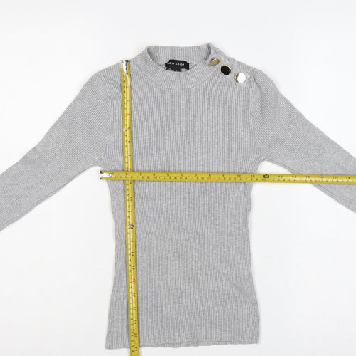 New Look Women Grey UK 8 Ribbed Mock Neck Button Slim Jumper