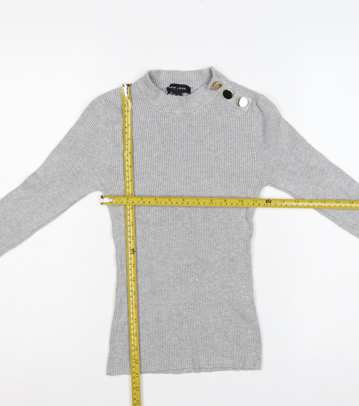 New Look Women Grey UK 8 Ribbed Mock Neck Button Slim Jumper