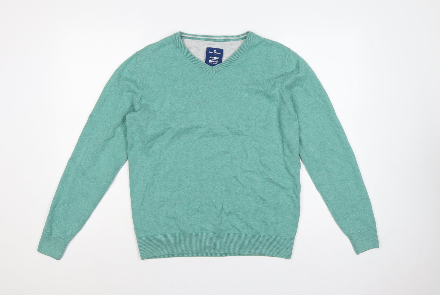 Tom Tailor Men’s Green M V-Neck Cotton Knit Pullover Jumper