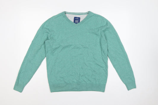 Tom Tailor Men’s Green M V-Neck Cotton Knit Pullover Jumper