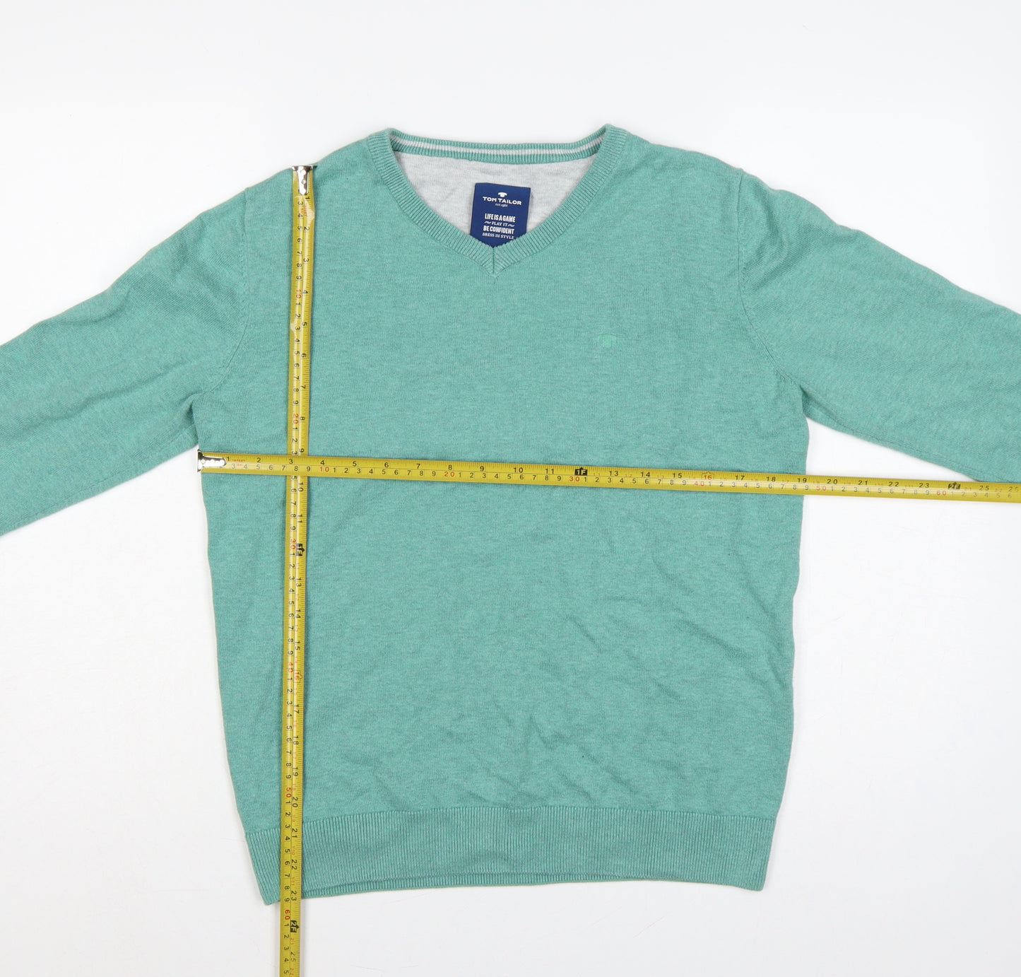 Tom Tailor Men’s Green M V-Neck Cotton Knit Pullover Jumper