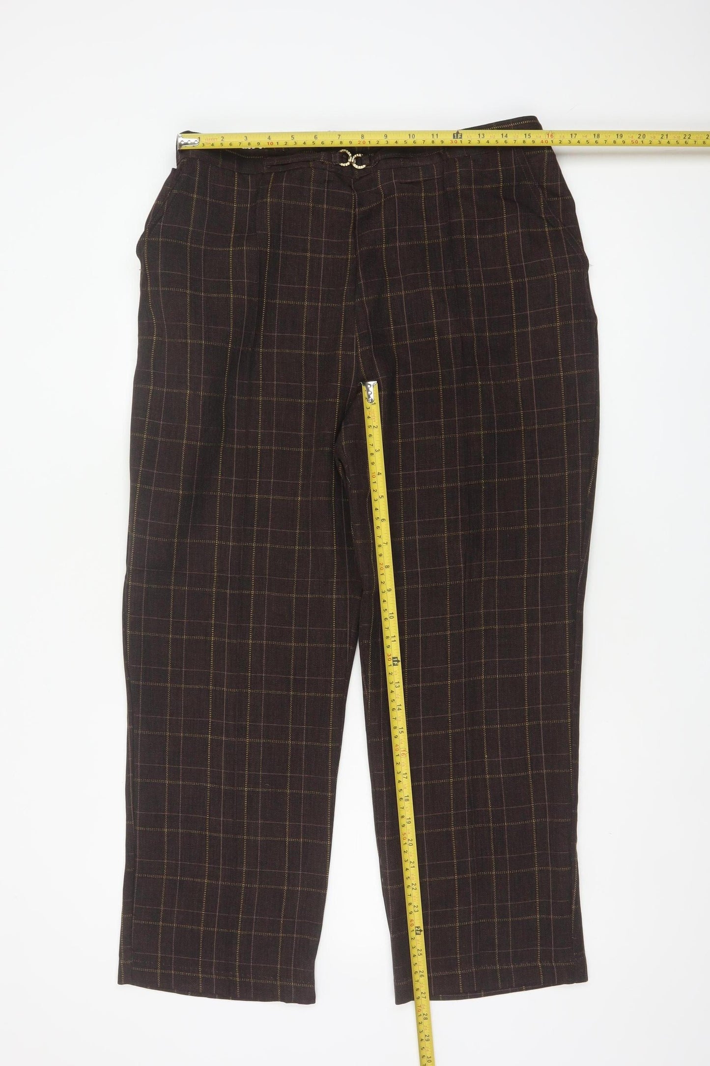 Damart Women’s Brown Check Straight Trousers UK 18 Elastic Waist