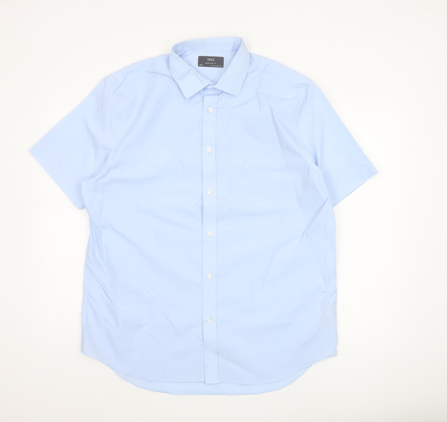 Marks and Spencer Men Blue 16.5 Regular Fit Short Sleeve Button-Up Shirt