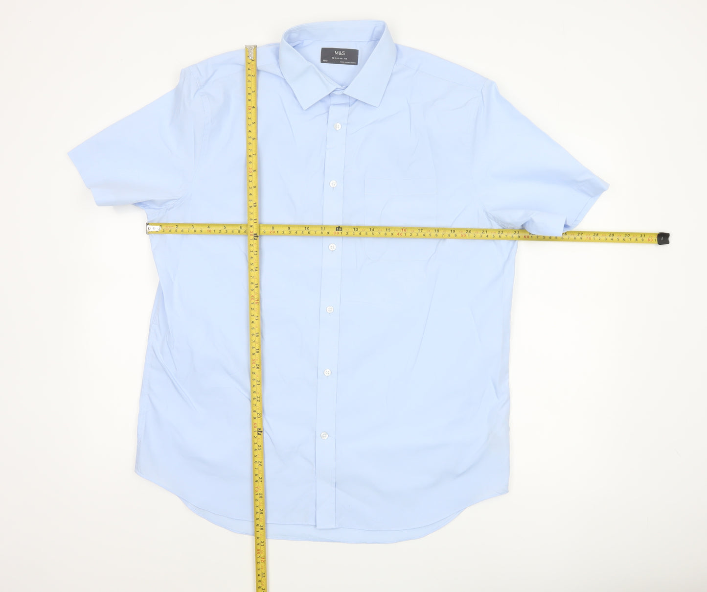 Marks and Spencer Men Blue 16.5 Regular Fit Short Sleeve Button-Up Shirt