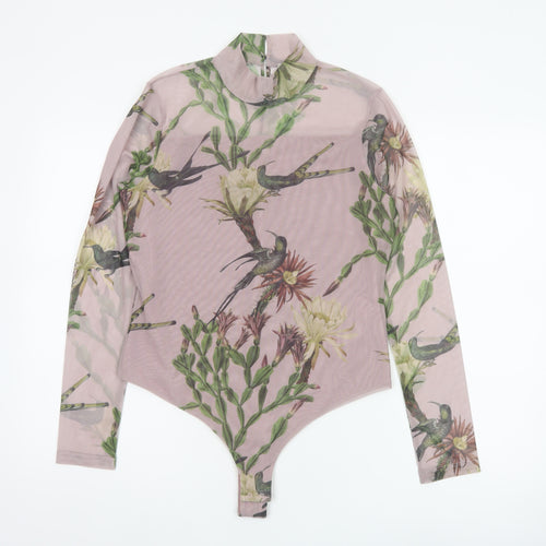 AllSaints Women Pink Floral Bird Mesh Bodysuit UK 12 Long Sleeve