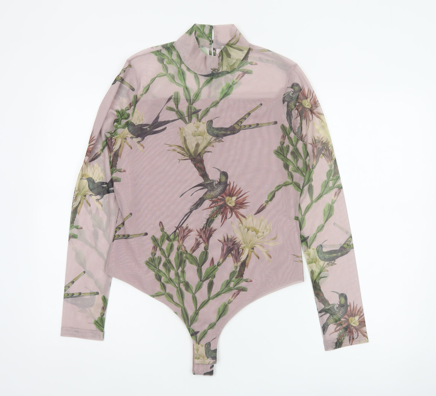 AllSaints Women Pink Floral Bird Mesh Bodysuit UK 12 Long Sleeve