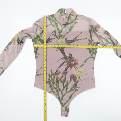 AllSaints Women Pink Floral Bird Mesh Bodysuit UK 12 Long Sleeve