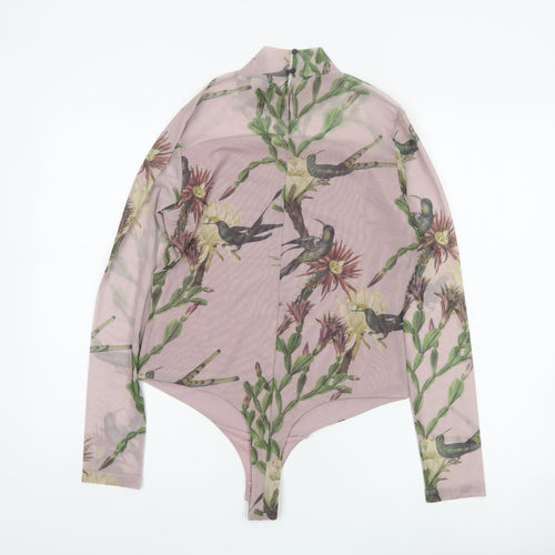 AllSaints Women Pink Floral Bird Mesh Bodysuit UK 12 Long Sleeve