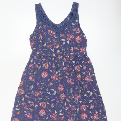 FatFace Women Blue Floral Size 12 Fit & Flare V-Neck Crochet Dress