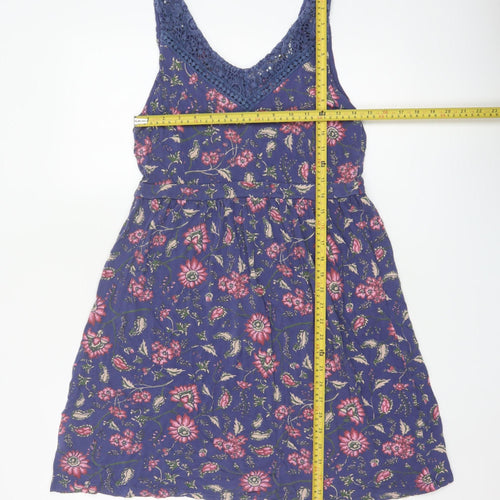 FatFace Women Blue Floral Size 12 Fit & Flare V-Neck Crochet Dress