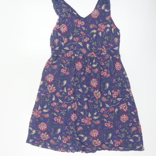 FatFace Women Blue Floral Size 12 Fit & Flare V-Neck Crochet Dress