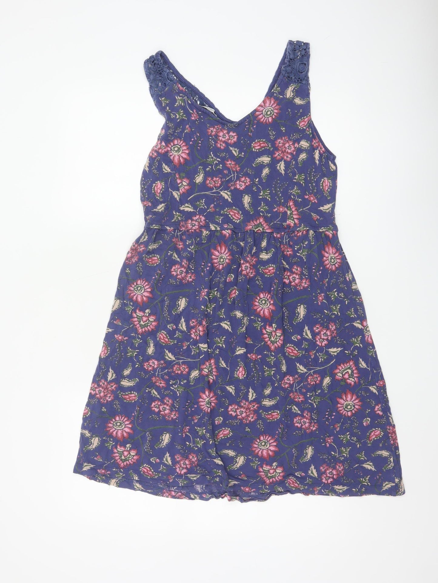 FatFace Women Blue Floral Size 12 Fit & Flare V-Neck Crochet Dress