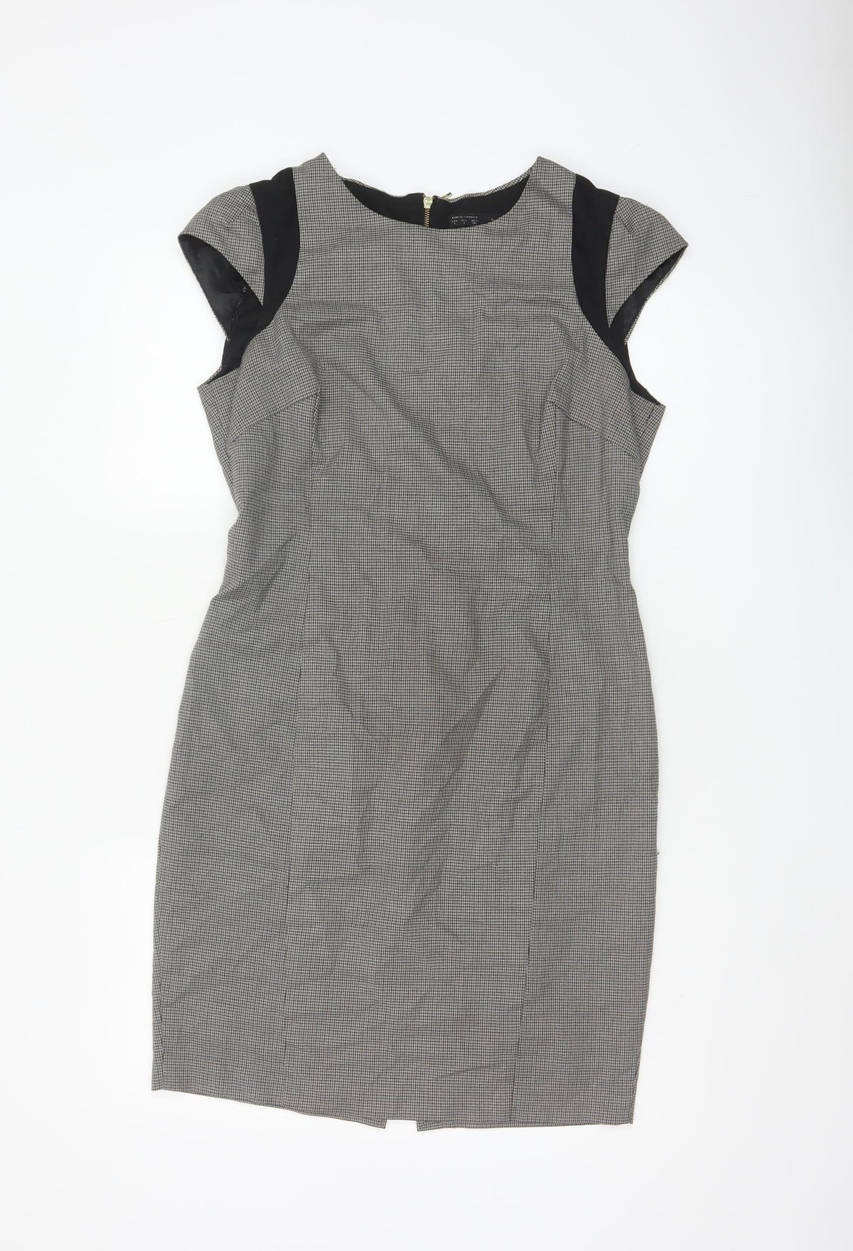 Back view of Zara Basic Women Grey Houndstooth L Pencil Work Dress