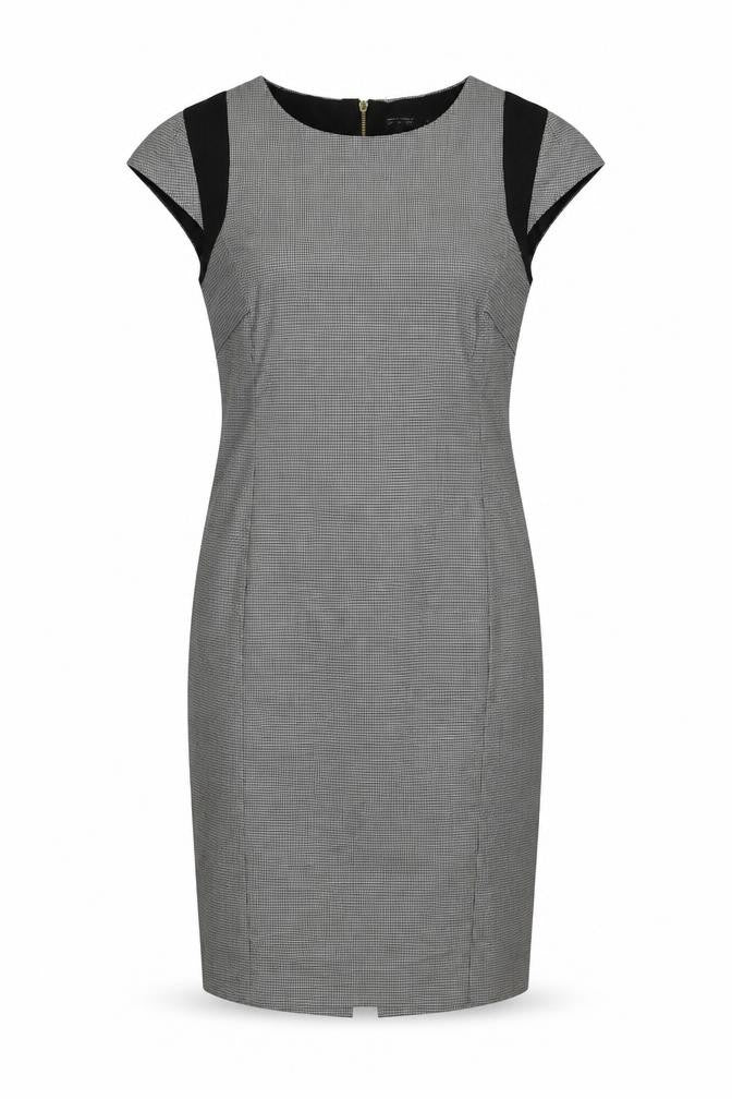 Front view of Zara Basic Women Grey Houndstooth L Pencil Work Dress