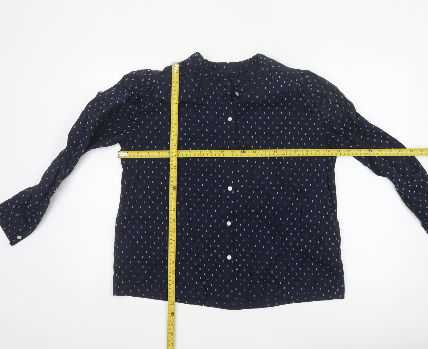 Marks and Spencer Women Blue UK 12 Ruffle Geometric Button-Up Blouse