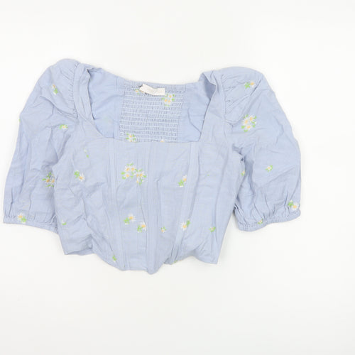 Mango MNG Women Blue M Floral Embroidered Puff Sleeve Square Neck Blouse