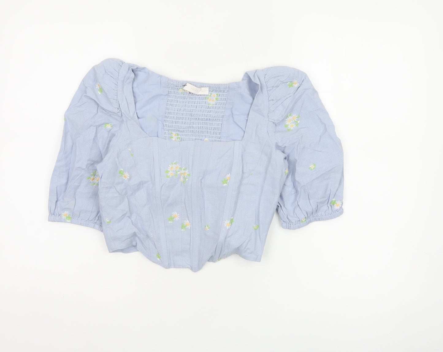 Mango MNG Women Blue M Floral Embroidered Puff Sleeve Square Neck Blouse