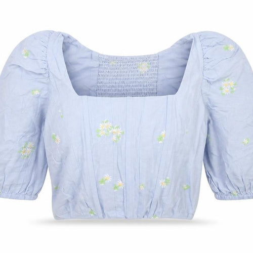 Mango MNG Women Blue M Floral Embroidered Puff Sleeve Square Neck Blouse
