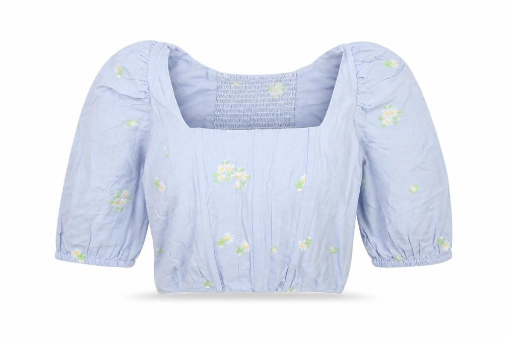 Mango MNG Women Blue M Floral Embroidered Puff Sleeve Square Neck Blouse