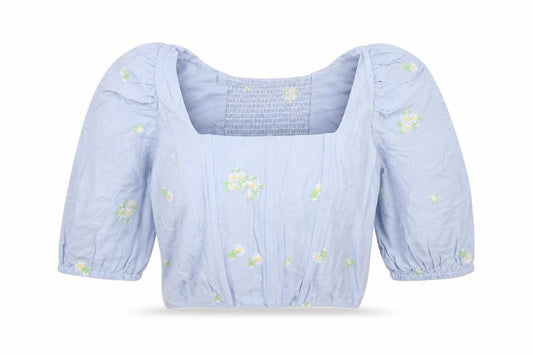 Mango MNG Women Blue M Floral Embroidered Puff Sleeve Square Neck Blouse