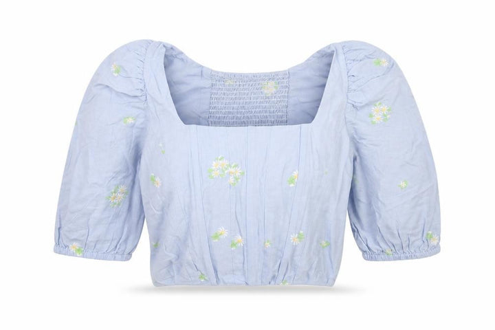 Mango MNG Women Blue M Floral Embroidered Puff Sleeve Square Neck Blouse