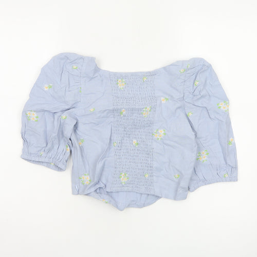 Mango MNG Women Blue M Floral Embroidered Puff Sleeve Square Neck Blouse