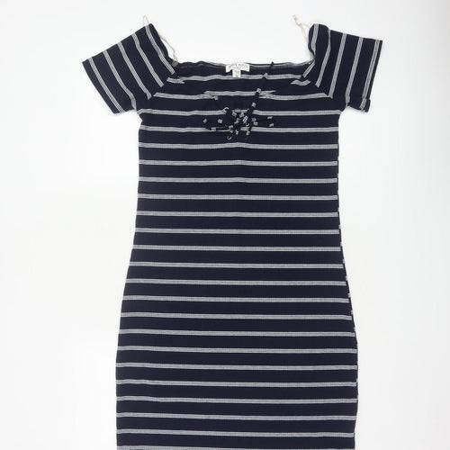 Brave Soul Women Navy Stripe UK 14 Bodycon Off Shoulder Knit Dress