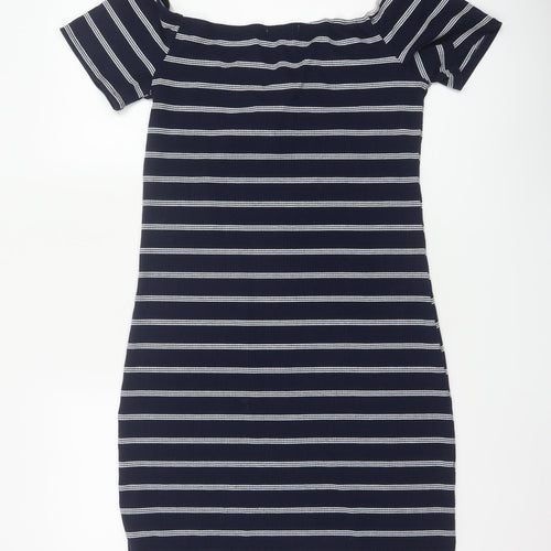 Brave Soul Women Navy Stripe UK 14 Bodycon Off Shoulder Knit Dress