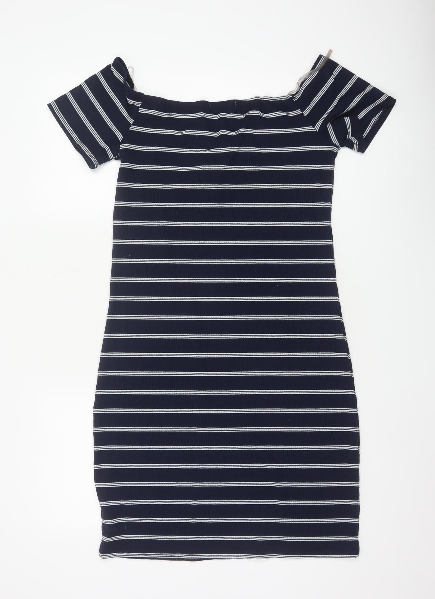 Brave Soul Women Navy Stripe UK 14 Bodycon Off Shoulder Knit Dress