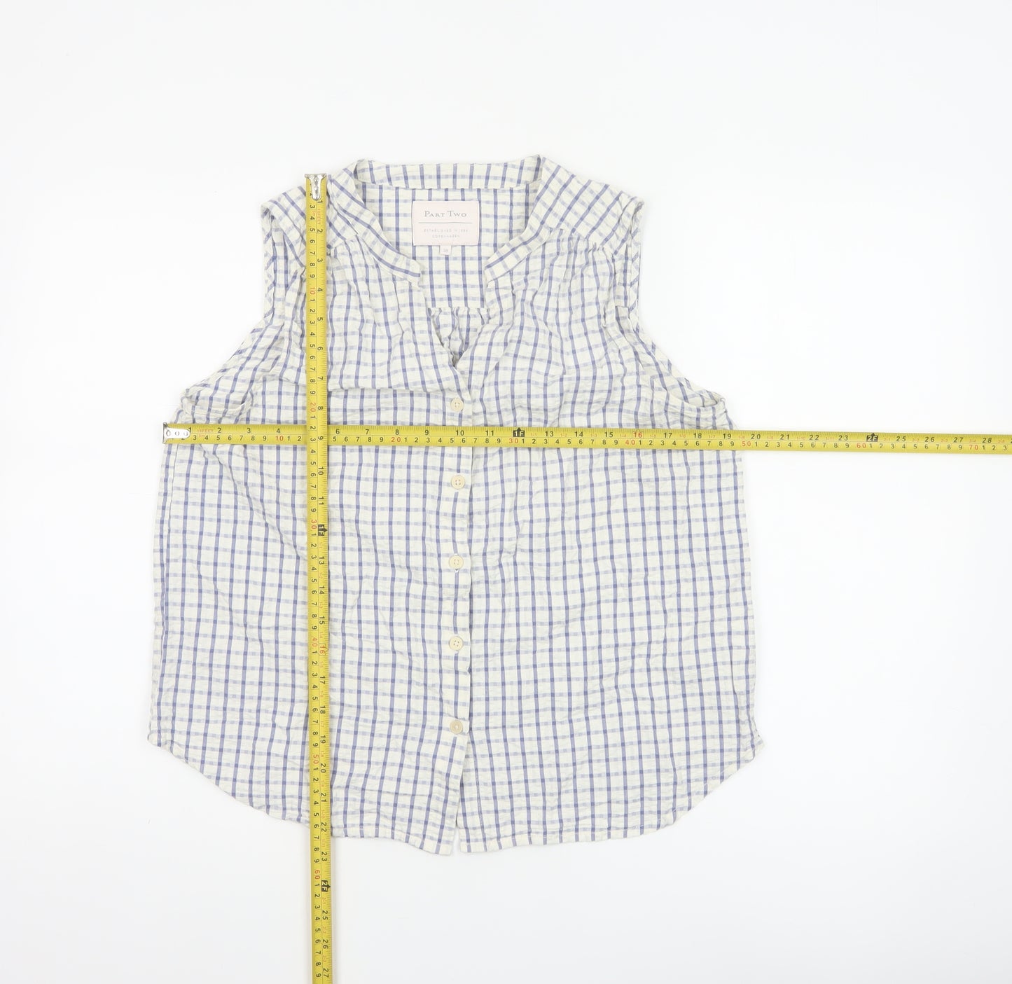 Part Two Women Blue White Check Cotton Sleeveless Button-Up Blouse UK 10