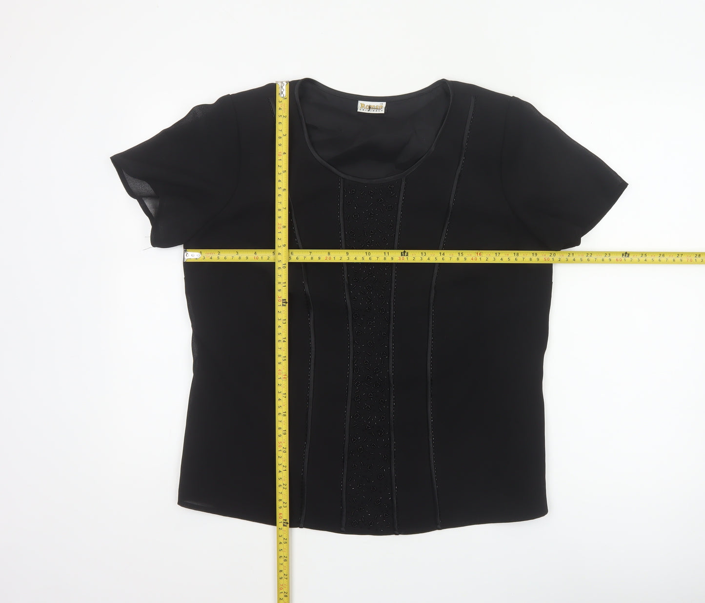 Roman Originals Women Black UK 14 Beaded Chiffon Short Sleeve Blouse