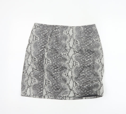 New Look Women Grey Snake Print Mini Pencil Skirt UK 12 Lined Zip