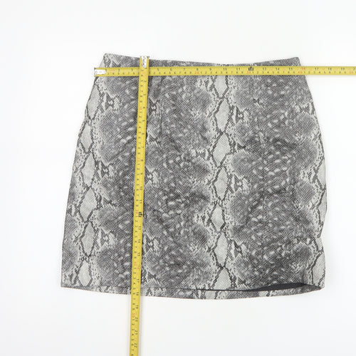 New Look Women Grey Snake Print Mini Pencil Skirt UK 12 Lined Zip