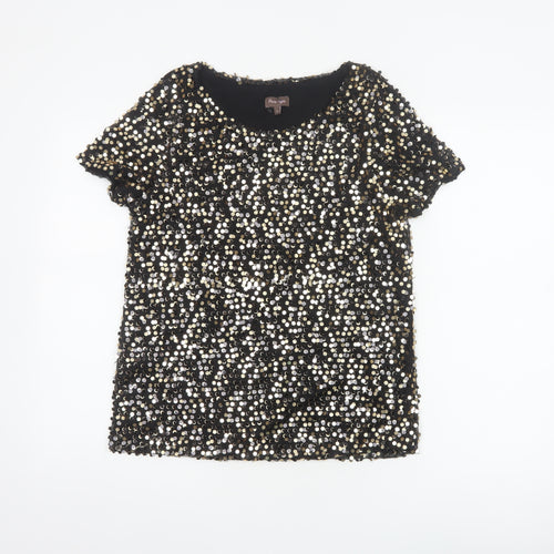 Phase Eight Women Black Gold Silver Sequin Short Sleeve Blouse UK 12