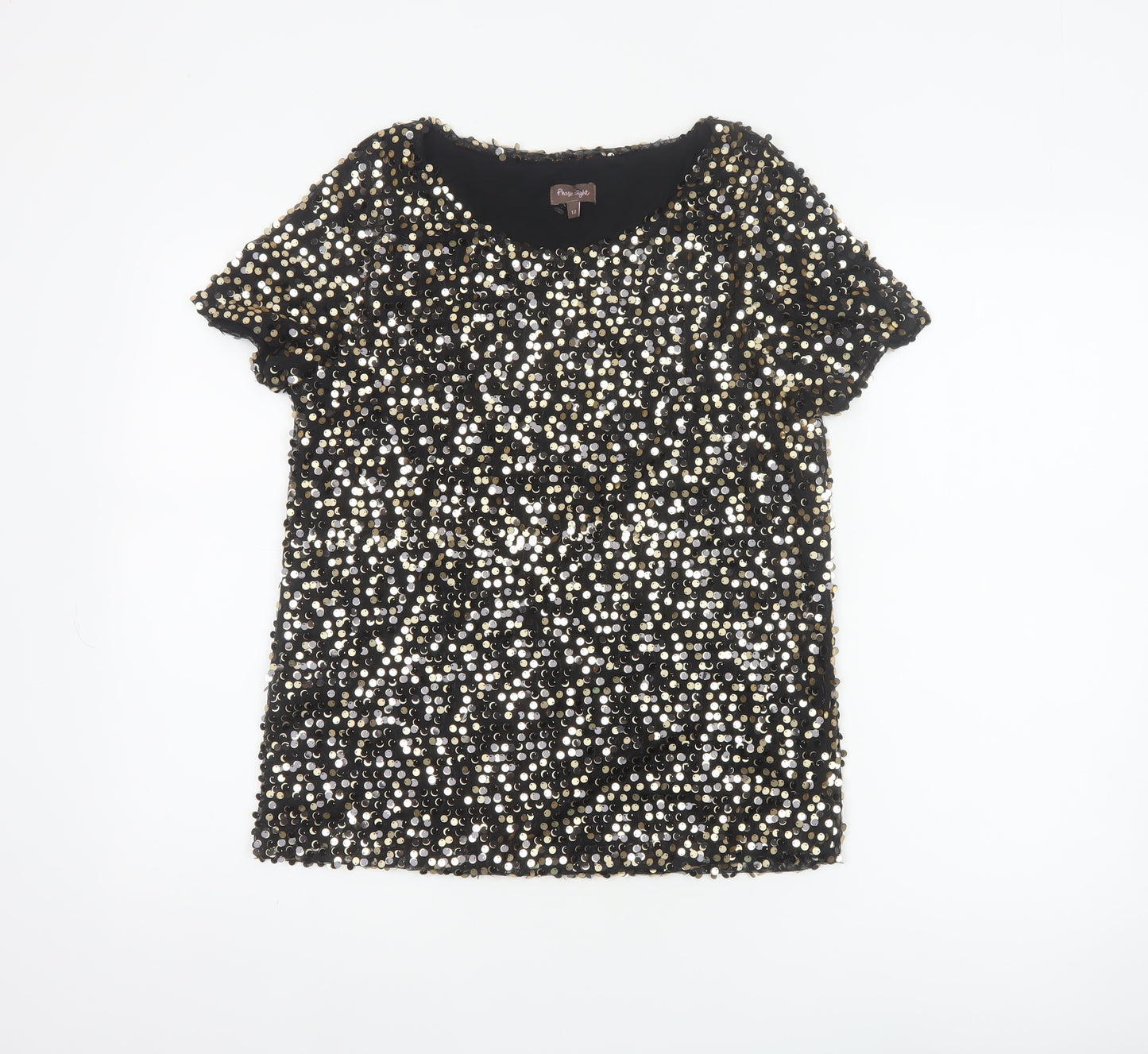 Phase Eight Women Black Gold Silver Sequin Short Sleeve Blouse UK 12