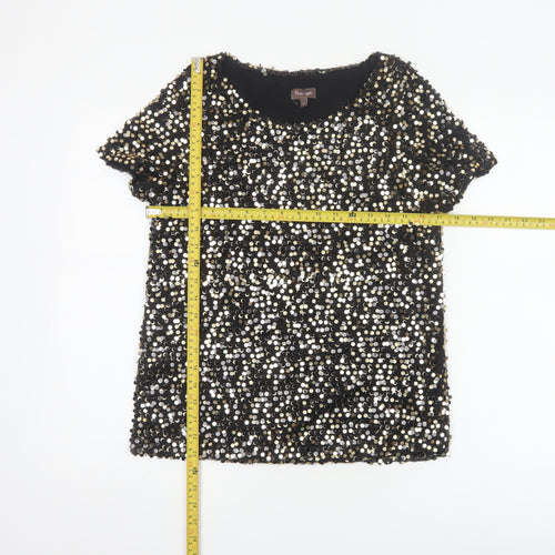 Phase Eight Women Black Gold Silver Sequin Short Sleeve Blouse UK 12