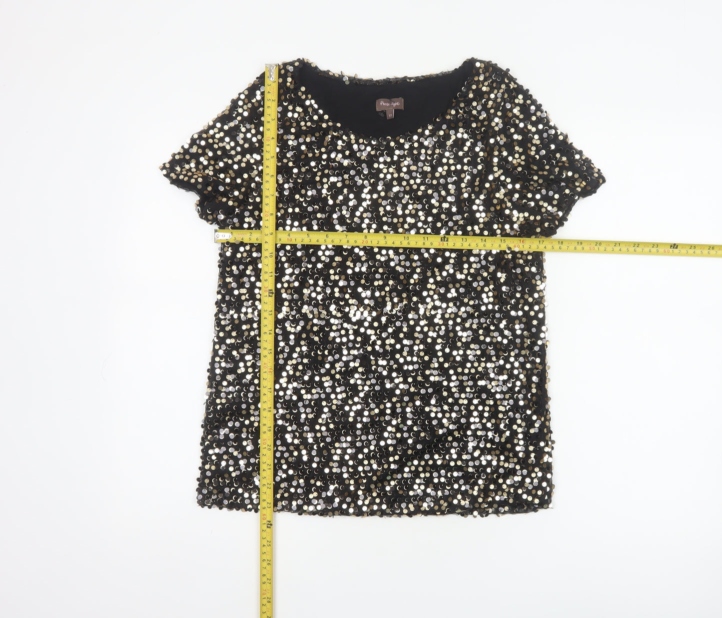 Phase Eight Women Black Gold Silver Sequin Short Sleeve Blouse UK 12