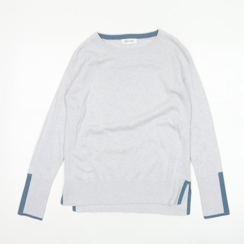 White Stuff Women Grey Blue Trim Knit Jumper UK 6 Crew Neck