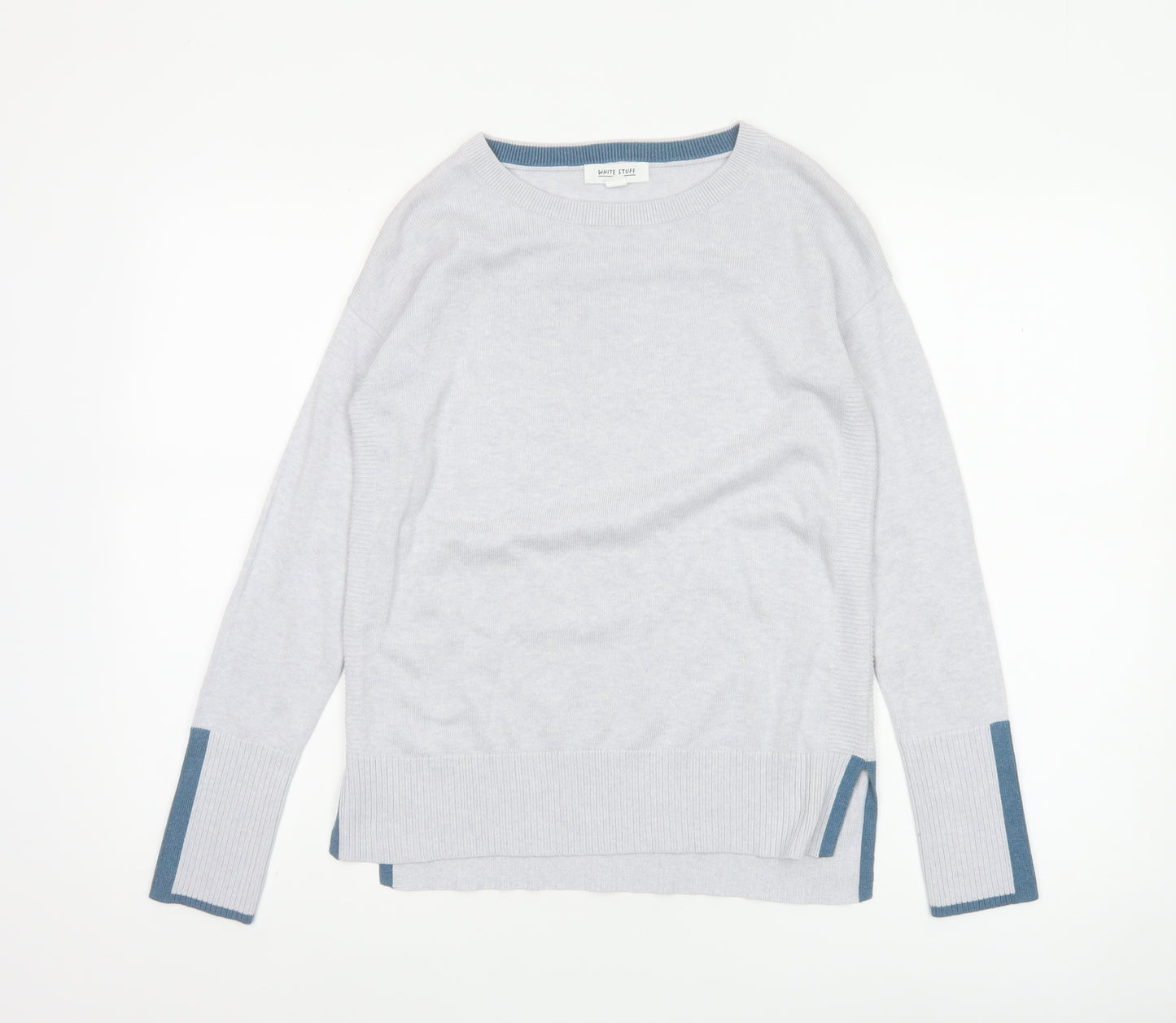 White Stuff Women Grey Blue Trim Knit Jumper UK 6 Crew Neck